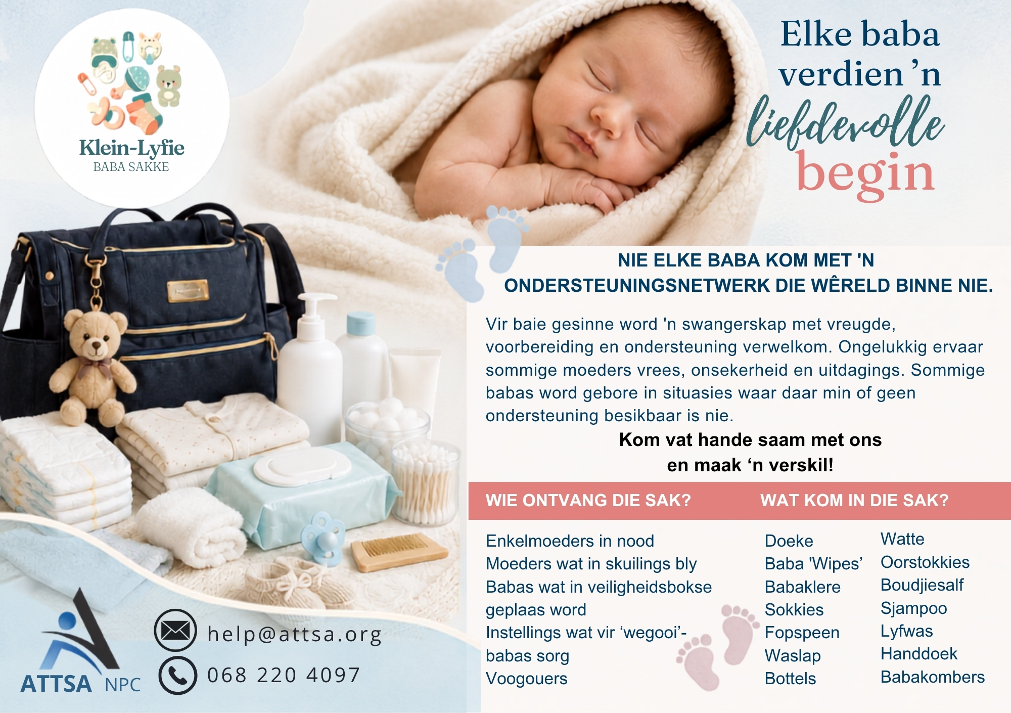 Klein-Lyfie Baba Sakke: elke baba verdien 'n liefdevolle begin, met babasak-items soos doeke, klere en toiletware